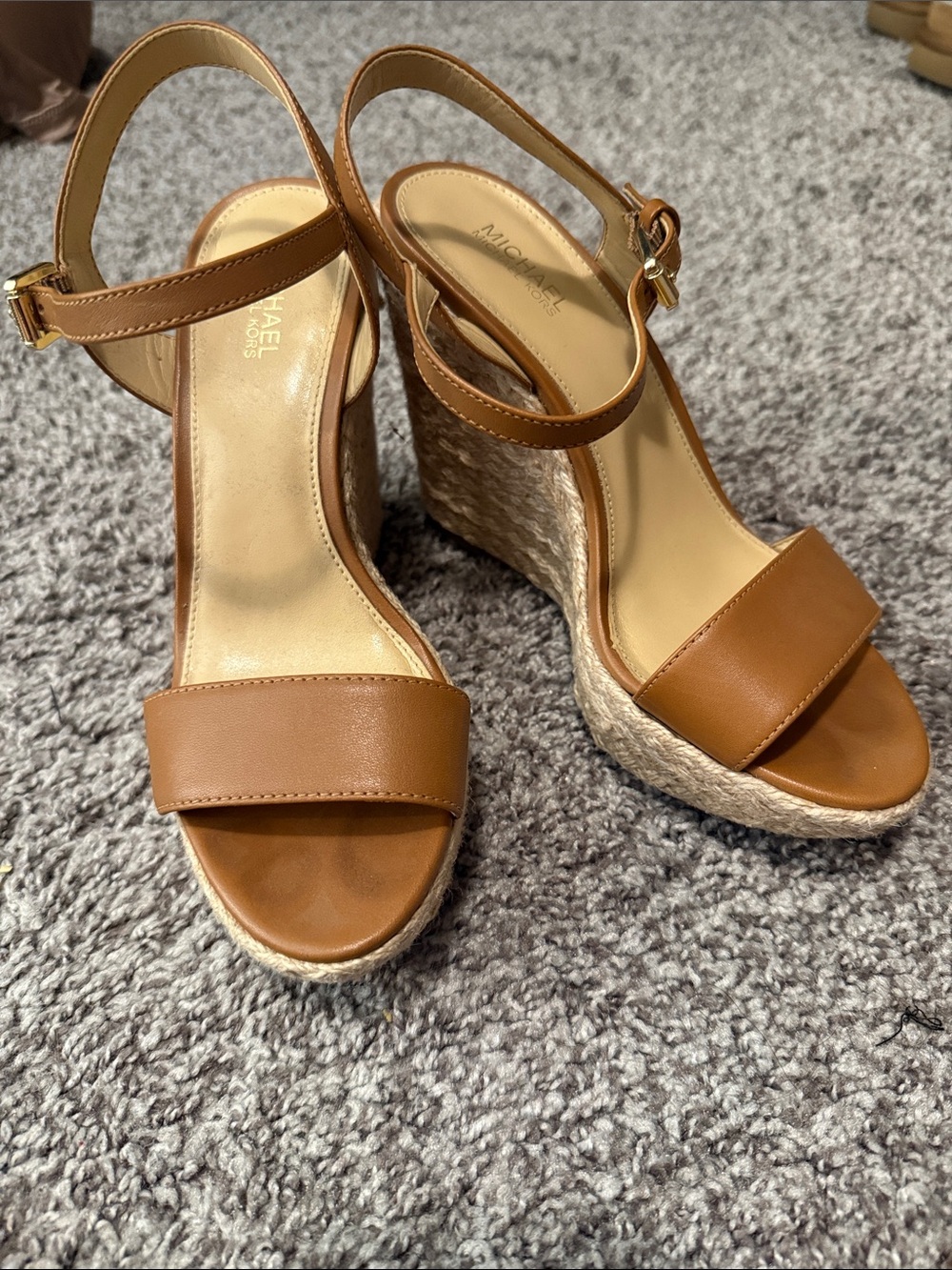 Michael Kors Cognac Leather Espadrille Wedge Sandals